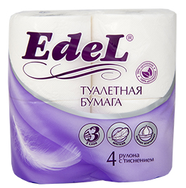 ТУАЛЕТНАЯ БУМАГА ЭДЕЛЬ, 3 СЛОЯ, 4 РУЛОНА